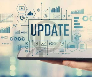Tela digital exibindo a palavra "UPDATE", representando aprendizado contínuo e inovação.