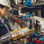 Profissional inspecionando equipamentos industriais e preenchendo relatórios técnicos.