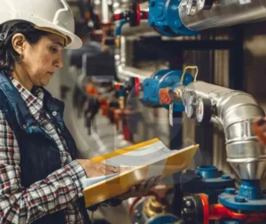 Profissional inspecionando equipamentos industriais e preenchendo relatórios técnicos.