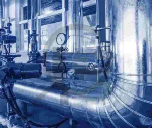 Representação digital de ambiente industrial com tubulações e equipamentos técnicos.