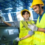 Diligenciamento de Inspeções e Equipamentos 7 Dois inspetores industriais analisando equipamentos em um ambiente fabril.