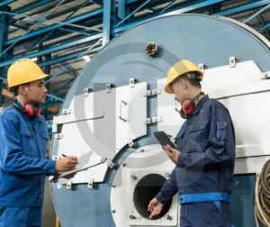 Engenheiros inspecionando caldeira industrial em ambiente fabril.