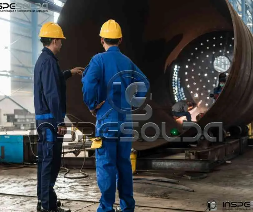 Serviço de Ensaio Visual de Solda 4 Técnicos realizam ensaio visual de solda em equipamento industrial.