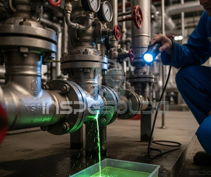Técnico realiza inspeção em tubulação industrial com lanternas e EPIs.