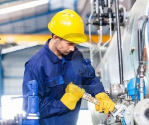 Projeto de Vasos de Pressão 6 Técnico realiza supervisão e manutenção preventiva em ambiente industrial.