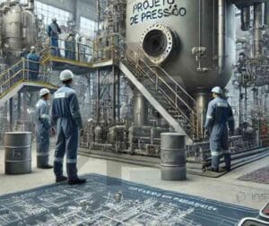 Projeto de Vasos de Pressão 5 Engenheiros inspecionando vaso de pressão em ambiente industrial.