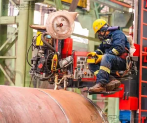Técnicos trabalhando com solda e tubulação em operação industrial.