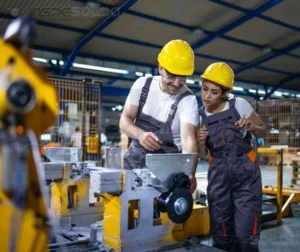 Instrutor e soldadores em treinamento técnico dentro de ambiente industrial.