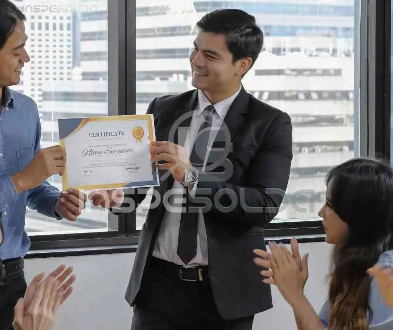 Profissional entrega certificado de soldador em cerimônia técnica.