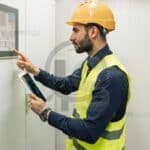 Engenheiro industrial com EPI analisando painel técnico em ambiente fabril.