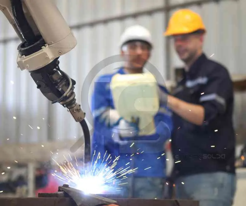 Soldador operando equipamento de soldagem automatizada em ambiente industrial.