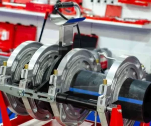 Equipamento de soldagem de tubos e conexões poliméricas em operação.