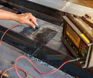 Teste de soldagem por ultrassom sendo realizado em uma peça metálica.