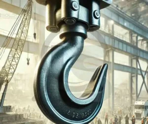 Gancho industrial em primeiro plano, representando a necessidade de inspeção para identificar sinais de desgaste e danos.