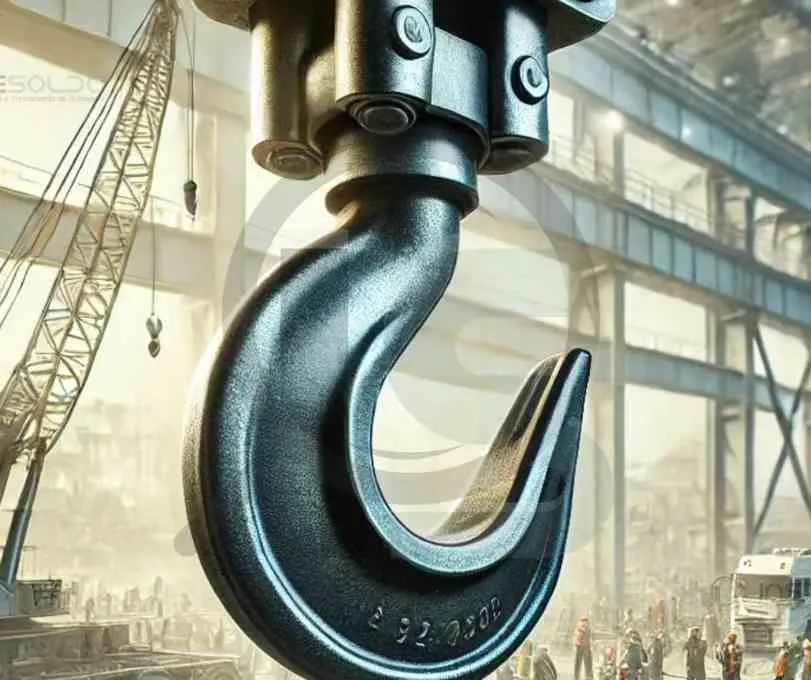 Gancho industrial em primeiro plano, representando a necessidade de inspeção para identificar sinais de desgaste e danos.