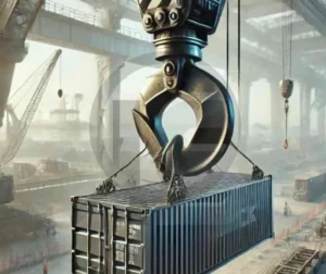 Gancho de Munck levantando uma carga pesada em um ambiente industrial, destacando a importância da inspeção para segurança operacional.