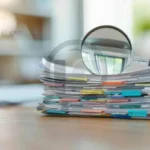 Pilha de documentos com lupa sobre eles, simbolizando a importância da NR-13 na indústria.