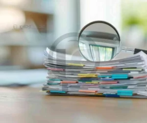 Pilha de documentos com lupa sobre eles, simbolizando a importância da NR-13 na indústria.