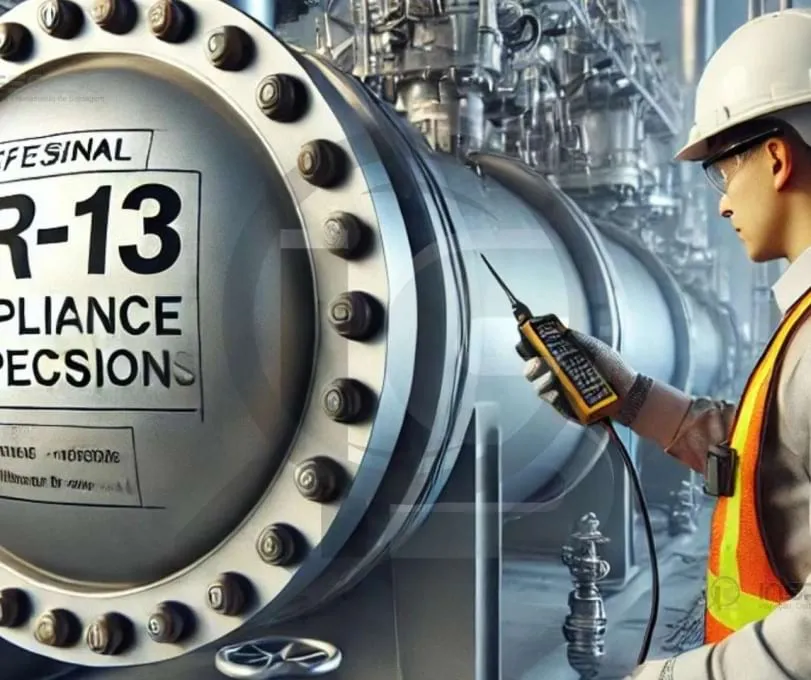 Engenheiro inspecionando um vaso de pressão com referência à NR-13.