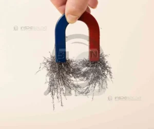 Ímã demonstrando linhas de campo magnético ao seu redor, ilustrando os métodos de magnetização longitudinal e circular.