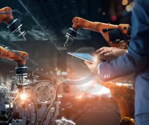 Robôs industriais realizando automação automatizada em um ambiente industrial.