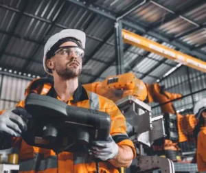 Técnico monitorando processos industriais em tempo real com uso de tecnologia avançada.