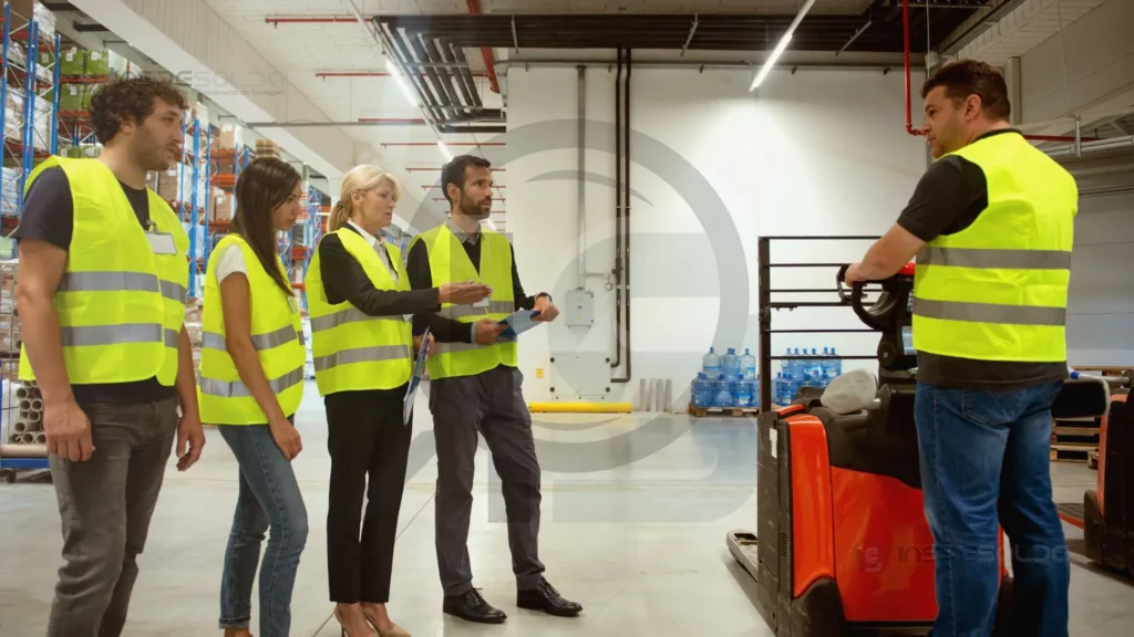 Equipe de trabalhadores em treinamento de capacitação, usando coletes de segurança e recebendo instruções em um ambiente industrial.