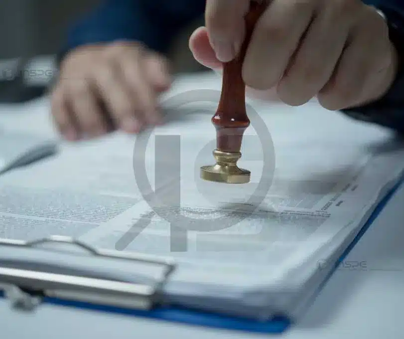 Certificado sendo carimbado como parte do processo de conclusão de um curso de soldador.