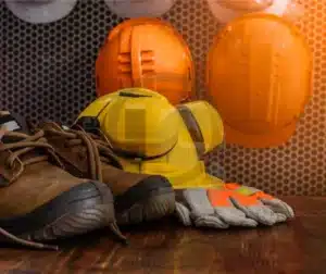 Equipamentos de segurança, incluindo capacetes e luvas, utilizados em inspeções de soldagem industrial.