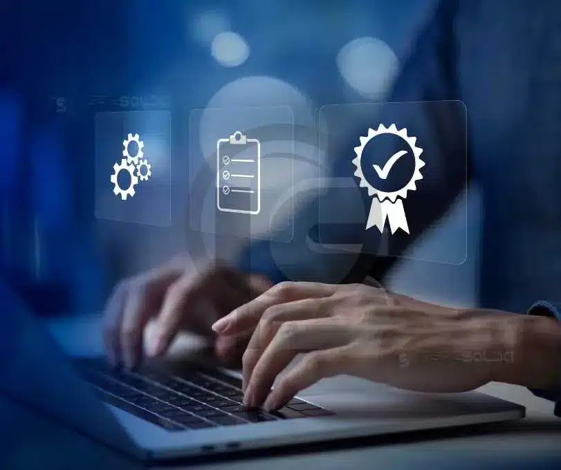 Representação digital de inspeção técnica com ícones de qualidade e análise.