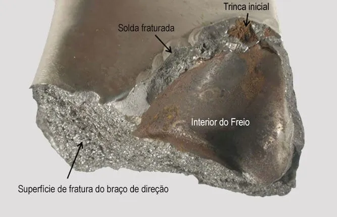 home-consultoria-em-soldagem-para-analise-de-falha Detalhe de falha em peça soldada, com superfície de fratura e trinca no braço de direção de freio.