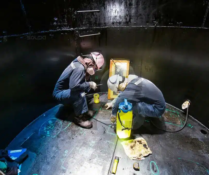 Inspetor analisando a qualidade das soldas em uma estrutura metálica industrial.
