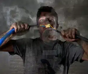 Treinamento De Soldagem Para Segurança 4 Trabalhador sujo de fuligem segurando ferramentas, simbolizando falhas operacionais.
