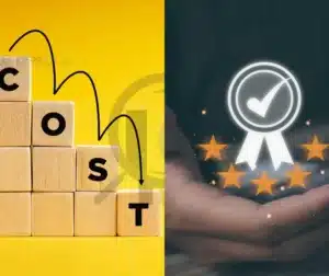 Empresa De Certificação De Soldagem AWS 3 Blocos com a palavra "COST" e um selo de qualidade, representando a redução de custos sem comprometer a excelência na certificação de soldagem AWS.