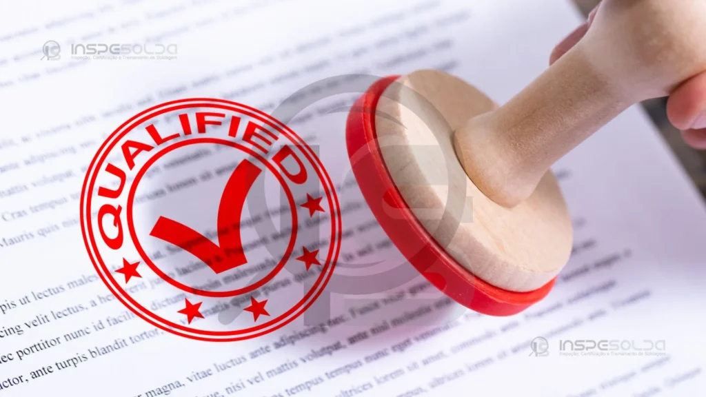 Carimbo de certificação sendo aplicado em um documento, simbolizando a qualificação e reconhecimento profissional de um soldador qualificado.