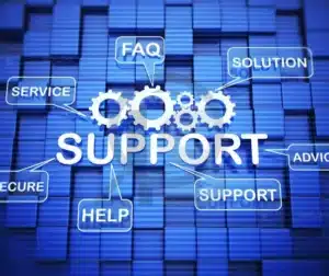 Empresa De Certificação De Soldagem AWS 7 Tela digital azul com a palavra "SUPPORT" em destaque, representando suporte técnico e assistência pós-compra.