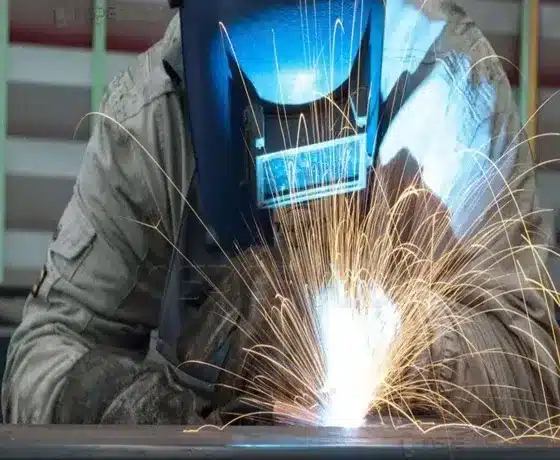 Soldador executando procedimento de solução com falhas e proteção adequada.