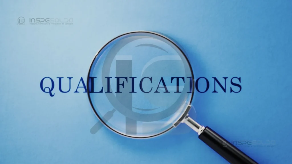 Lupa focada na palavra 'QUALIFICAÇÕES', representando a importância da qualificação de procedimento de soldagem para garantir qualidade e confiabilidade nos processos industriais.