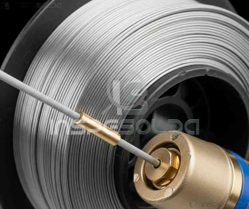 Imagem mostrando o processo de soldagem MIG/MAG com arame sólido, evidenciando a alimentação contínua do fio e sua importância para precisão, estabilidade do arco e qualidade do cordão em aplicações industriais de alto desempenho.