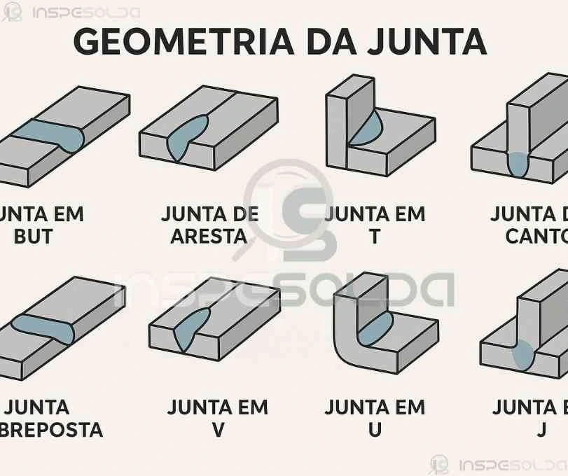 Ilustração das principais geometrias de juntas utilizadas em processos de soldagem, como topo, canto, sobreposta e em T.
