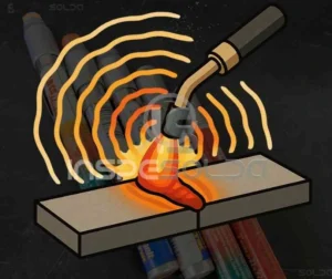 Pós-Aquecimento 3 Ilustração representando o processo de pós-aquecimento em soldagem, com linhas térmicas simulando a dissipação de calor em uma junta metálica.
