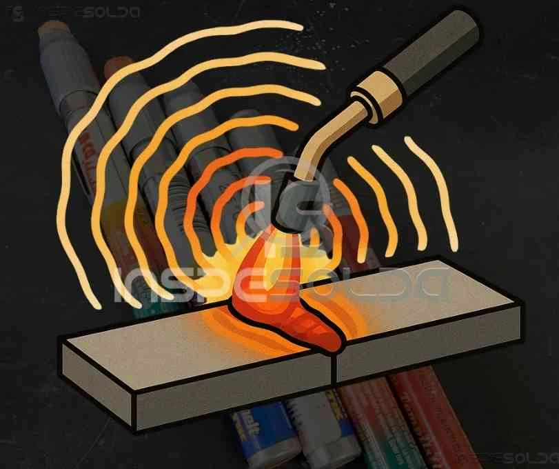 Pós-Aquecimento 2 Ilustração representando o processo de pós-aquecimento em soldagem, com linhas térmicas simulando a dissipação de calor em uma junta metálica.