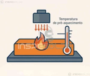 Estado ou Condição de Pré-Aquecimento (preheat, n.) 3 Ilustração de processo de pré-aquecimento na soldagem, com foco na temperatura ideal da peça antes da aplicação da solda.