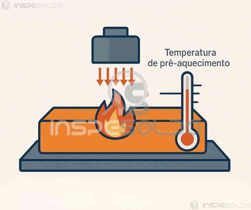 Estado ou Condição de Pré-Aquecimento (preheat, n.) 2 Ilustração de processo de pré-aquecimento na soldagem, com foco na temperatura ideal da peça antes da aplicação da solda.