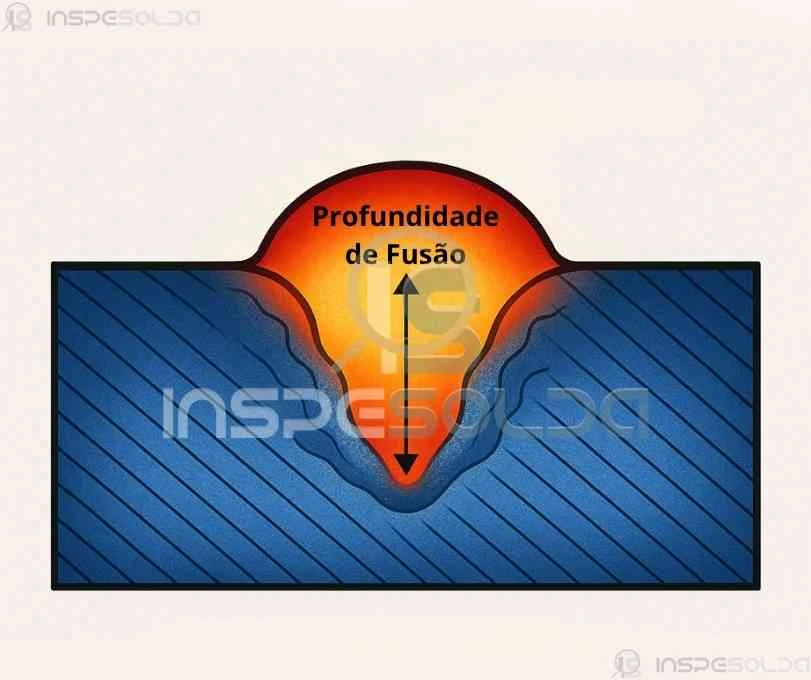 Ilustração didática mostrando a profundidade de fusão em uma solda, com identificação do metal de base e da zona fundida.