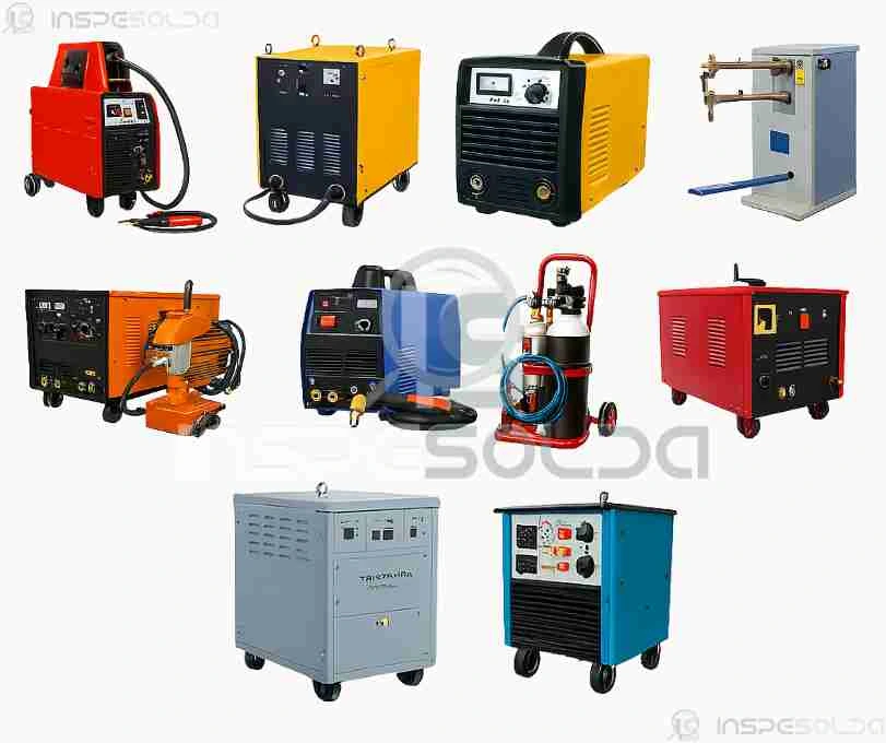 Painel com diversos modelos de equipamentos de soldagem, como fontes de energia e retificadores industriais.