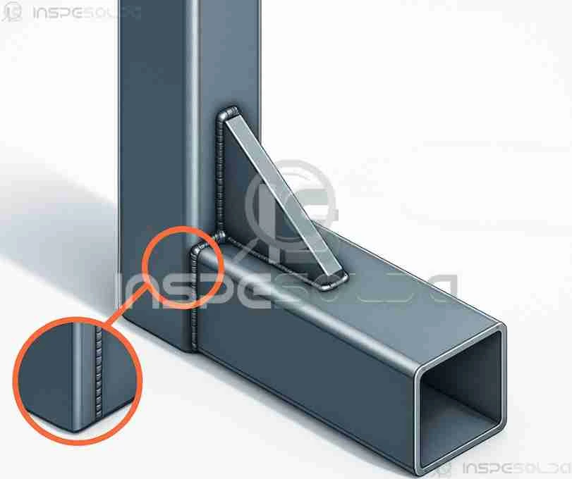 Representação de um conjunto soldado (weldment) com destaque para pontos de união entre peças metálicas estruturais.
