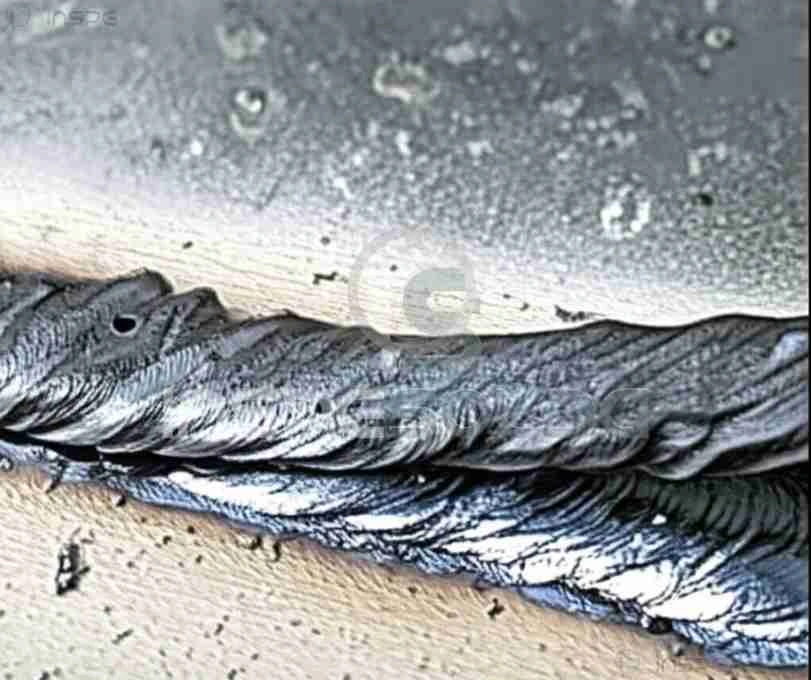 Escória 15 Cordão de solda com presença visível de escória acumulada sobre a superfície metálica.