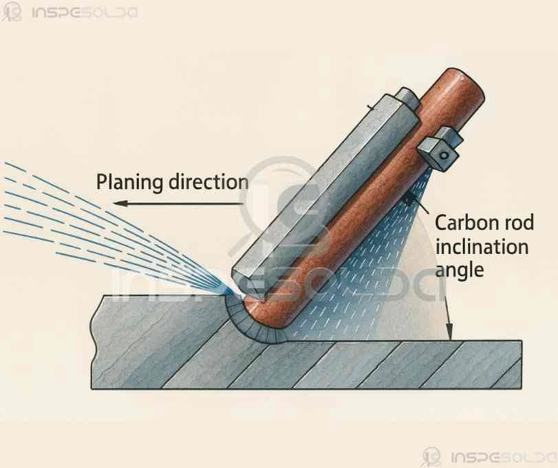 Goivagem a Arco Com Eletrodo De Carbono 2 Representação técnica do processo de goivagem a arco com eletrodo de carbono, destacando o eletrodo e o fluxo do ar comprimido.