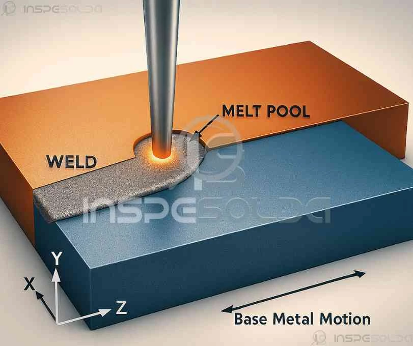 Imagem mostrando o processo de soldagem de uma junta de aresta com destaque para o metal de adição fundido e a poça de fusão.